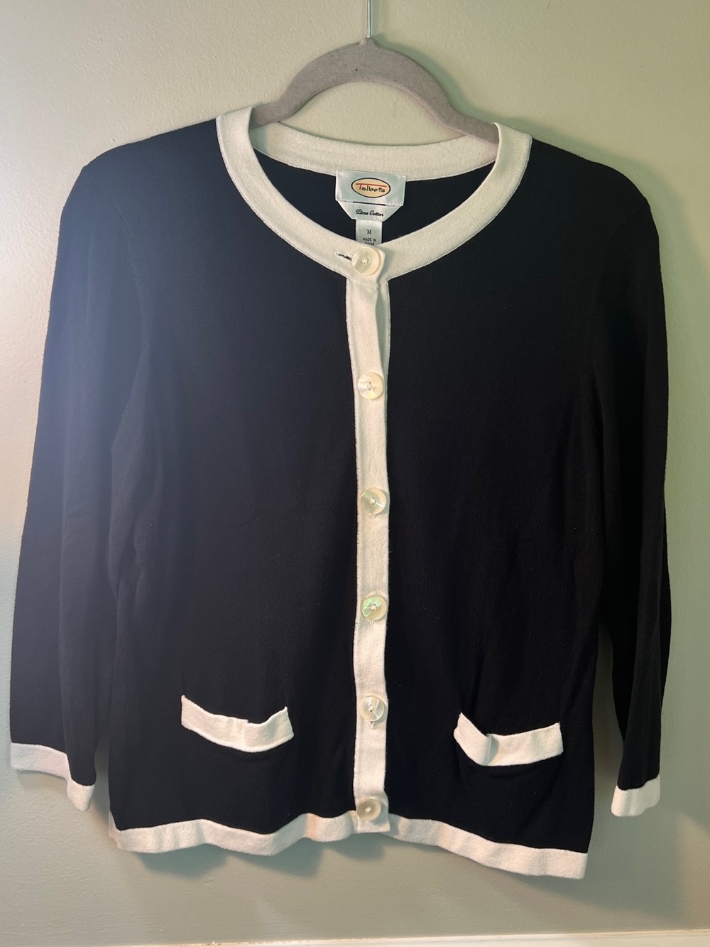 Talbots Black Cardigan with White Trim and Buttons